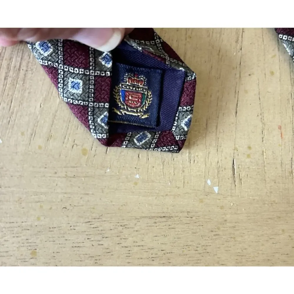 VTG Ralph Lauren Silk Tie Ivy League Geometric diamond square motif Burgundy USA